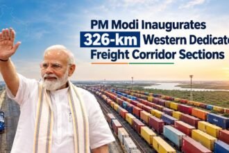 PM Modi inaugurates 326-km Western Dedicated Freight Corridor sections with freight trains in the background