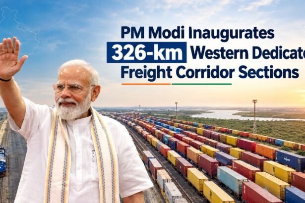 PM Modi inaugurates 326-km Western Dedicated Freight Corridor sections with freight trains in the background