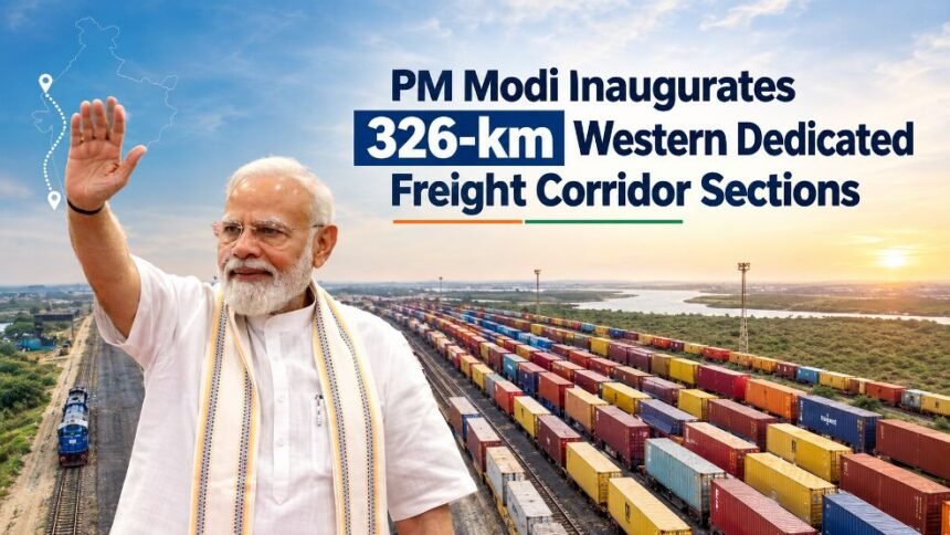PM Modi inaugurates 326-km Western Dedicated Freight Corridor sections with freight trains in the background